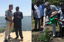 Hon. Ephraim Kamuntu, Minister of Environment Uganda, welcomes Dr. Christopher Briggs, Ramsar Secretary General to Lutembe Bay, Ramsar Site of International Importance located on Lake Victoria.